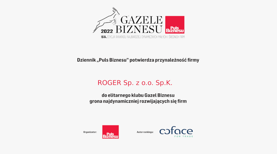 Wyróżnienie firmy Roger tytułem - Gazela Biznesu 2022