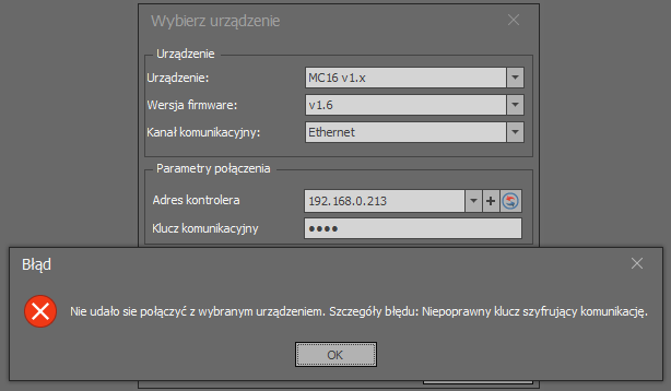 Niepoprawny klucz szyfrujący komunikację