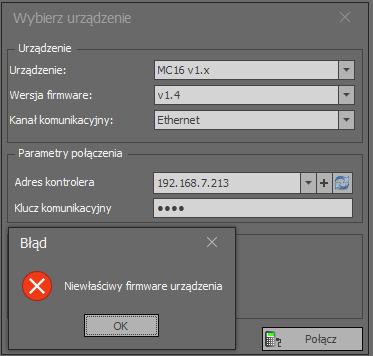 Niewłaściwy firmware urządzenia